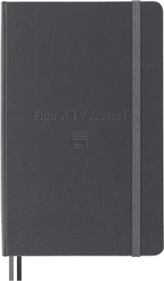 Moleskine Film and TV Passion Journal in grey, closed, with blind-embossed title and clapperboard motif