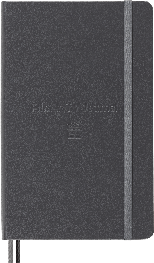 Moleskine Film and TV Passion Journal in grey, closed, with blind-embossed title and clapperboard motif