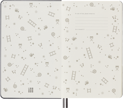 Patterned endpapers of the Moleskine Film and TV Passion Journal with the In case of loss panel