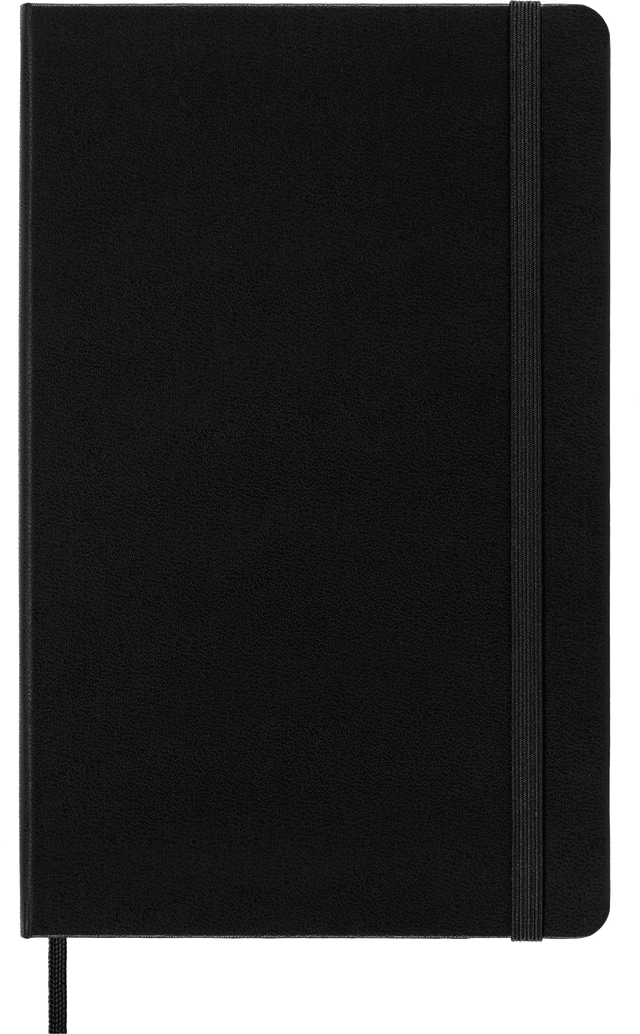Moleskine Classic Large hardcover notebook in black, closed with its elastic band, shown front-on