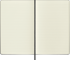 Moleskine Classic notebook lying flat, showing a double spread of ivory ruled pages and the ribbon bookmark