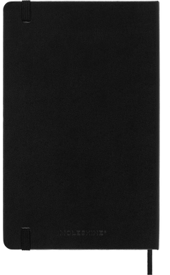 Back cover of the black Moleskine Classic notebook with the debossed Moleskine wordmark and elastic band