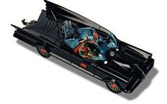Elevated view of the 1966 Batmobile model with Batman and Robin seated in the cockpit