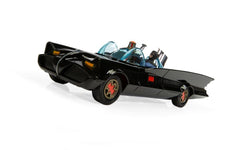 Rear three-quarter view of the Corgi 1966 Batmobile showing the tail fin and rocket tubes